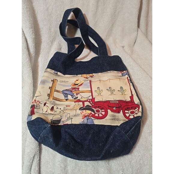 Handmade Little Cowboy Cowpokes Medium Denim Tote Bag 9x2x12" - Picture 1 of 7